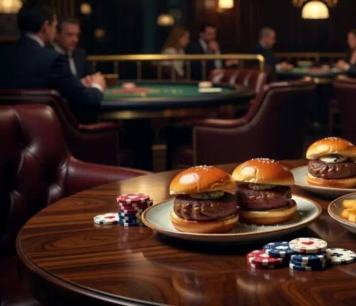 Refined lounge bites including sliders, fries and charcuterie on a dark table.