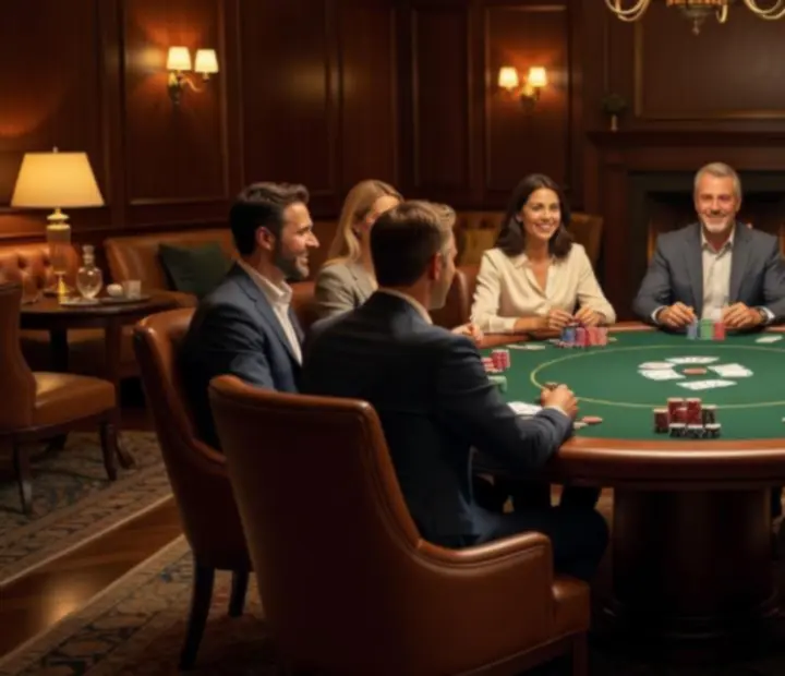 Ambient card lounge with premium poker tables and symbolic chips at The Velvet Token