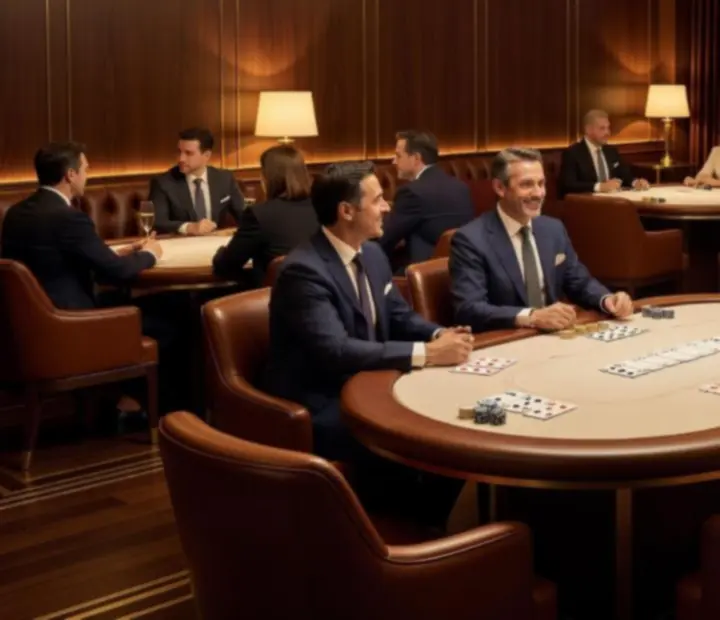 Dedicated card room at The Velvet Token with warm walnut accents and plush seating