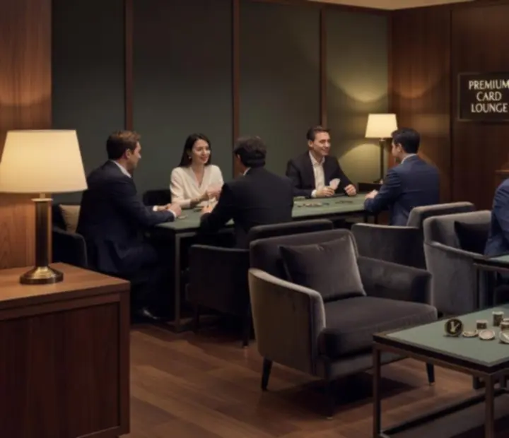 Guests in The Velvet Token card lounge enjoying social offline poker with symbolic chips