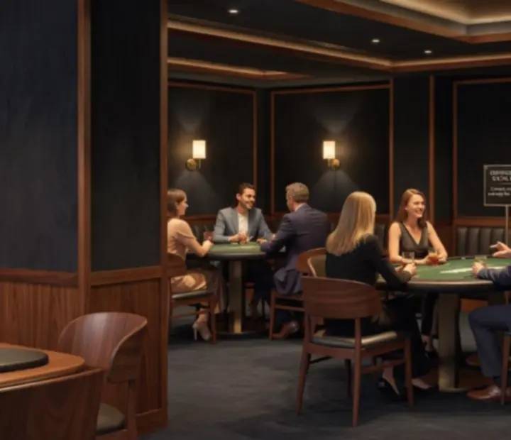 Warmly lit card lounge signage at The Velvet Token reminding guests of responsible, social Offline Poker