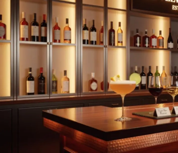 Signature cocktails and wine bottles displayed at a dark copper-lit bar