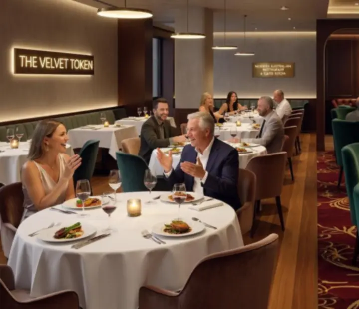 Guests enjoying dinner and offline poker in a premium card lounge setting.