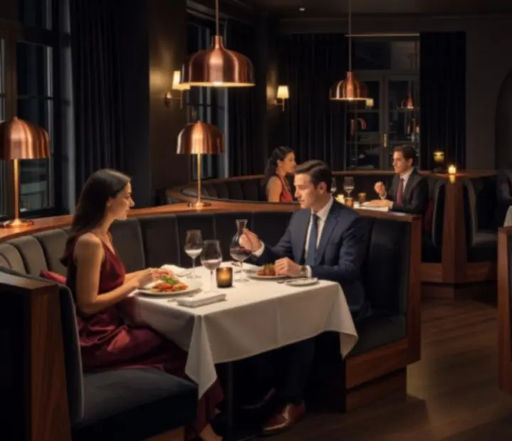 Ambient dining room interior with deep charcoal walls, copper accents and walnut furnishings