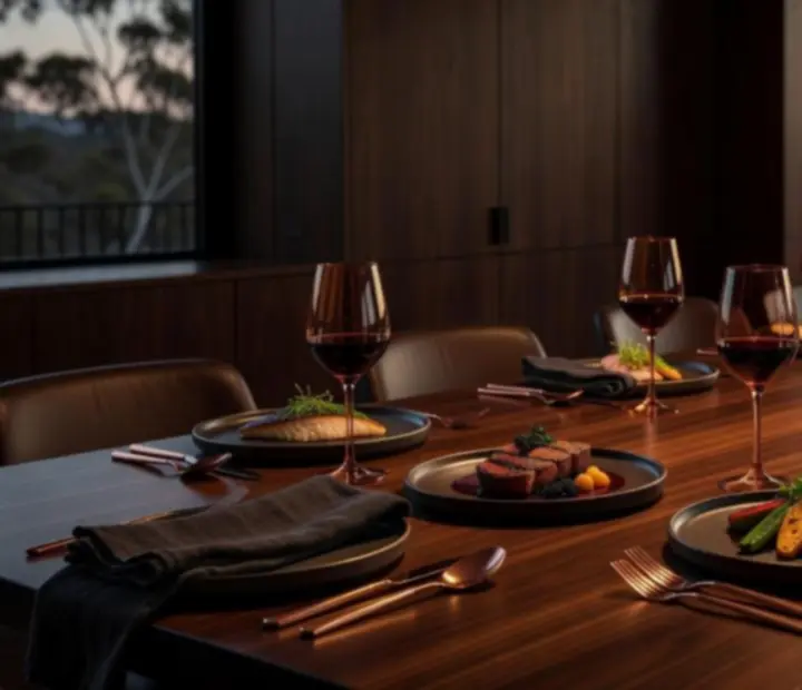 The Velvet Token dining room with elegant table settings and warm lighting.