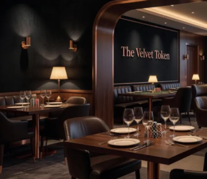 The Velvet Token dining room and adjoining offline poker card lounge with premium poker tables