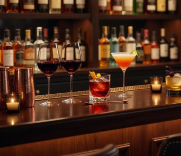 Signature cocktails and wine glasses arranged on a dark marble bar.